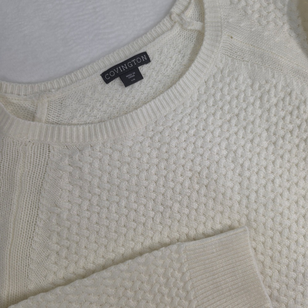 Covington Womens Cream White Knit Pullover Sweater Textured Raglan Large